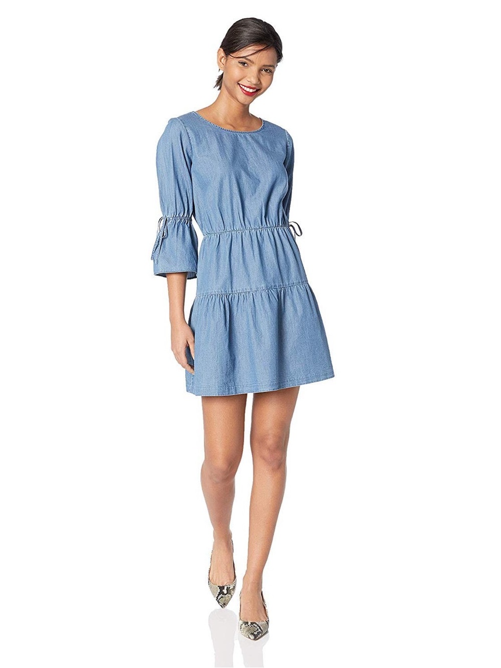 J. Crew Mercantile Denim Tiered Mini Dress With Tie Detail Bell Sleeves